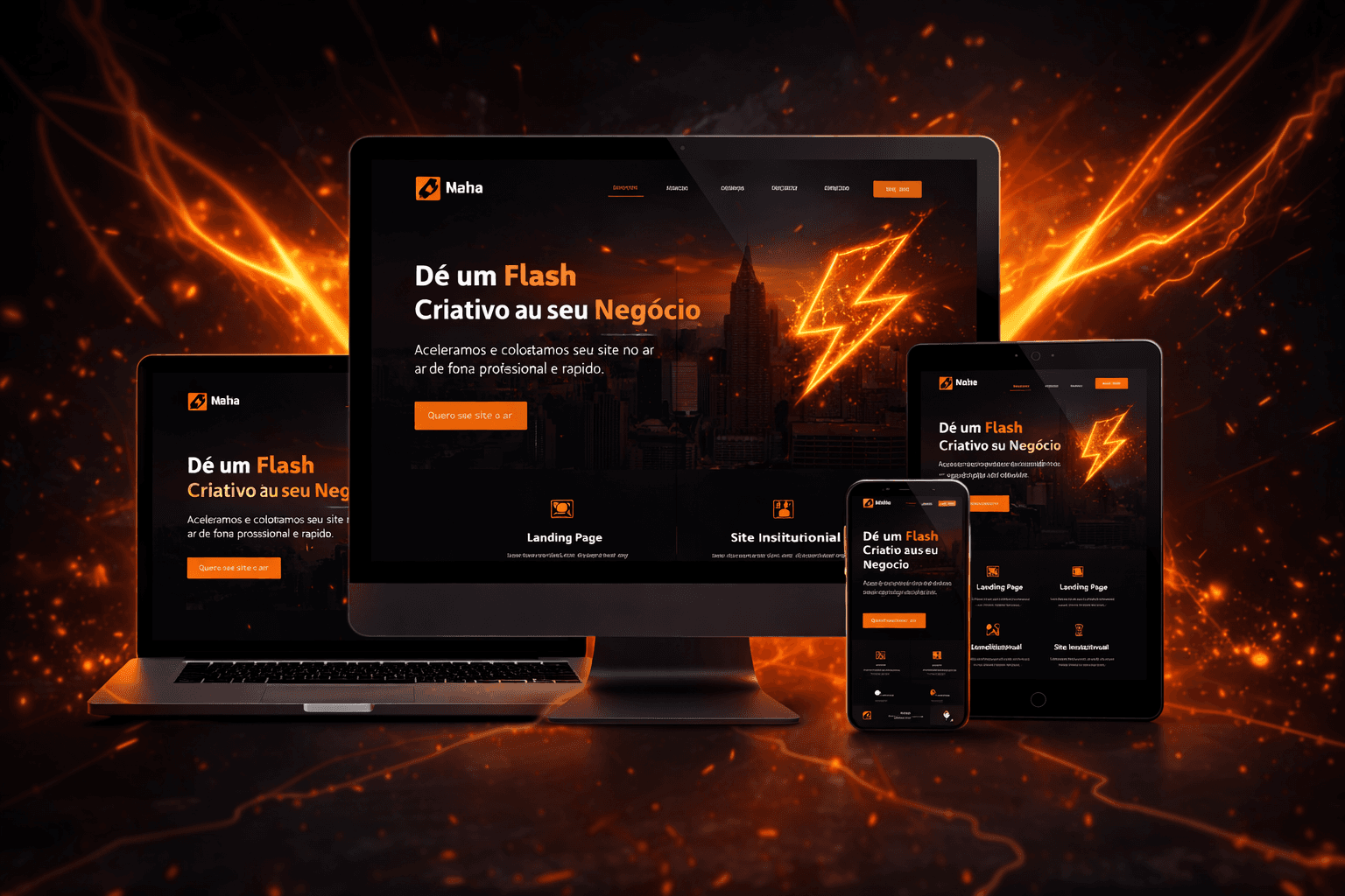 Exemplo de site profissional em múltiplos dispositivos - desktop, tablet e celular